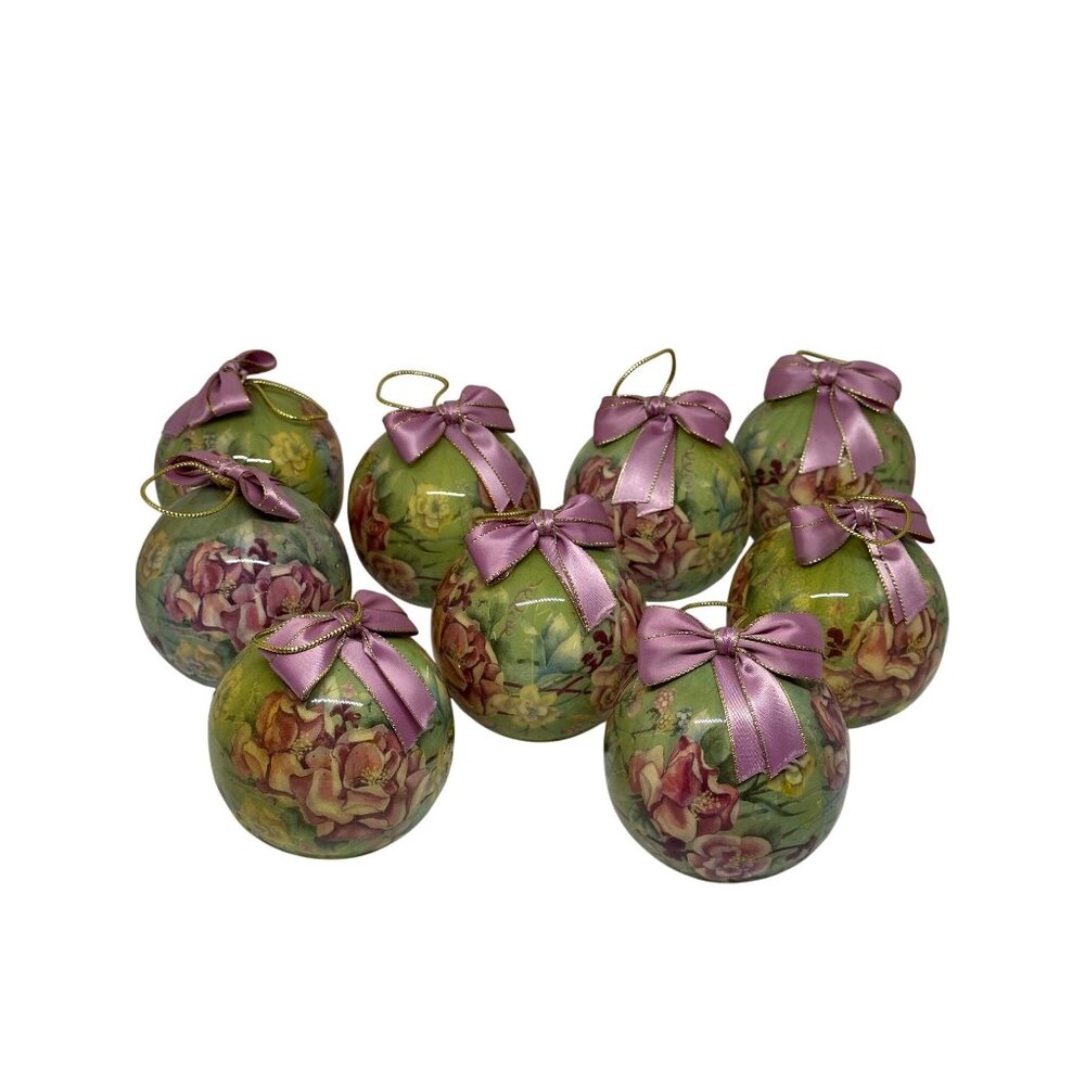 VTG Tomorrow Today 9Pc Patricia Reach Floral Christmas Ornaments Pink Ribbon 3"